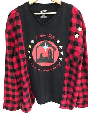 Upcycled Holiday Flannel Red Plaid Shirt, Christmas Nativity Scene Size M-XL